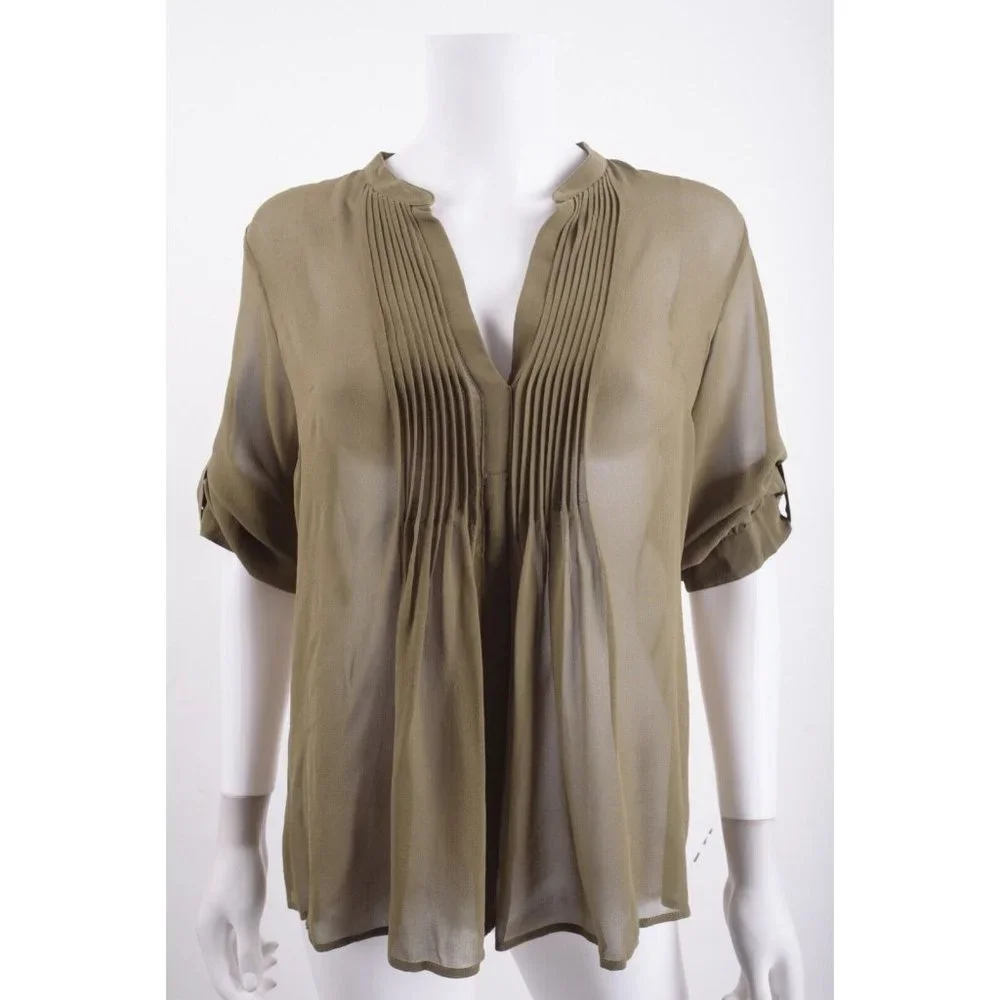 J.Crew Womens Blouse Top Shirt Pintuck Pleats S Small Silk Green semi sheer